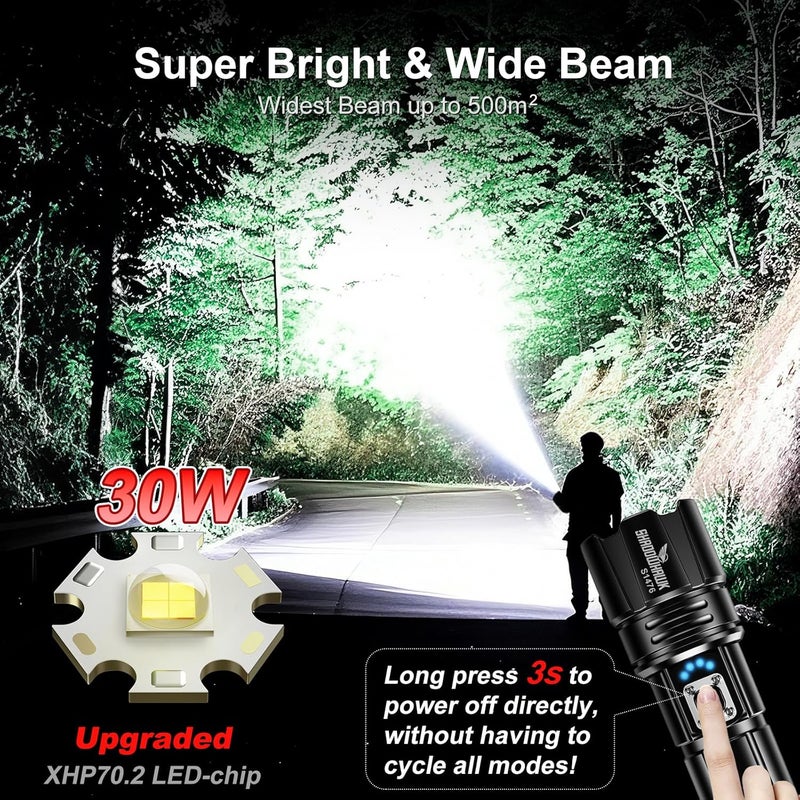 Shadowhawk Flashlight 20000 High Lumens Rechargeable - 30W Super Bright LED Flash Light | 5000ft Beam & 12H Long Lasting USB C High Powered Handheld Police Flashlight for Home, Camping, Hiking, Emergency - Image 2